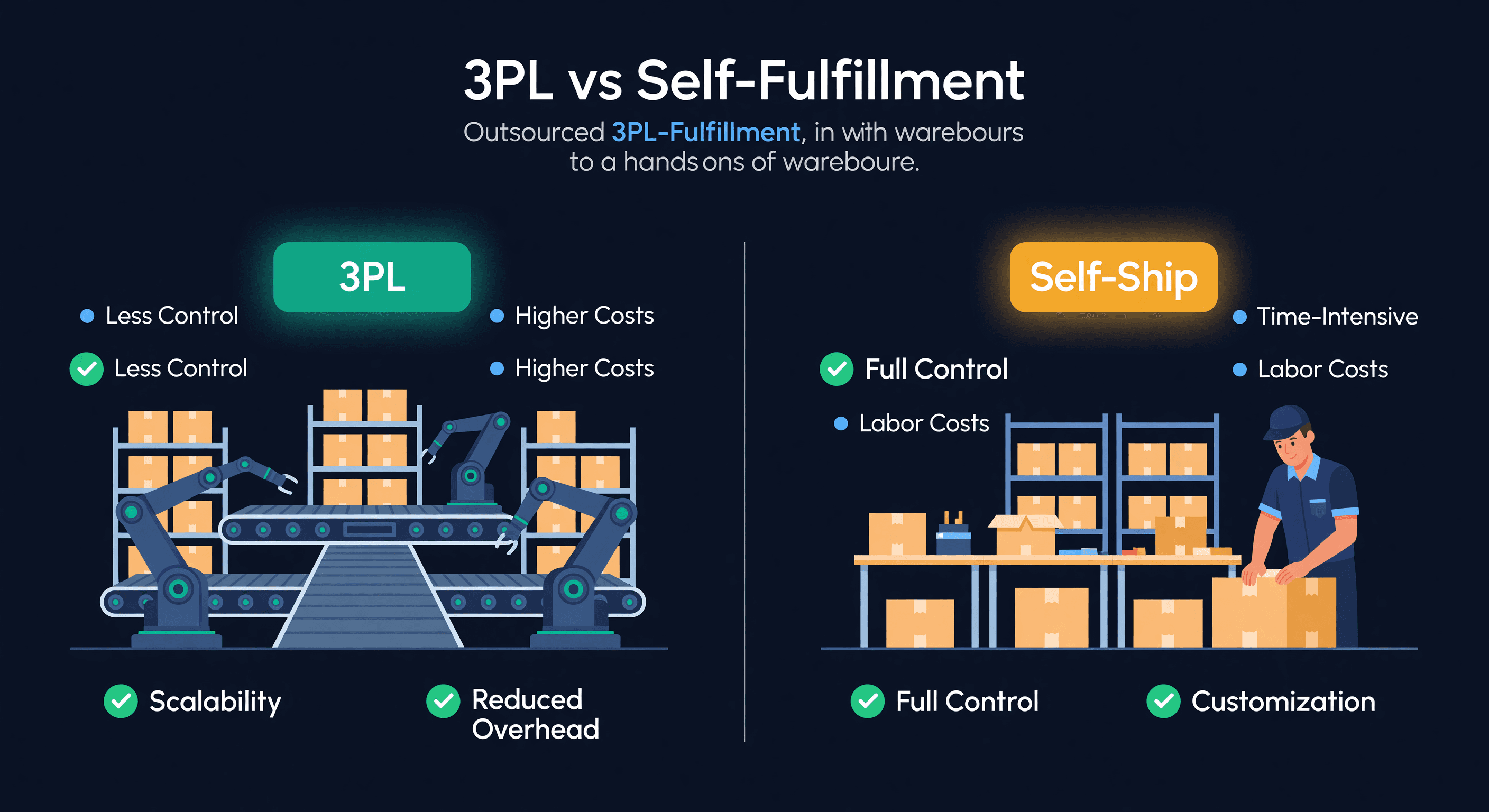 Split comparison of 3PL warehouse on the left with automated shelving and self-fulfillment warehouse on the right with packing tables, pros and cons floating around each