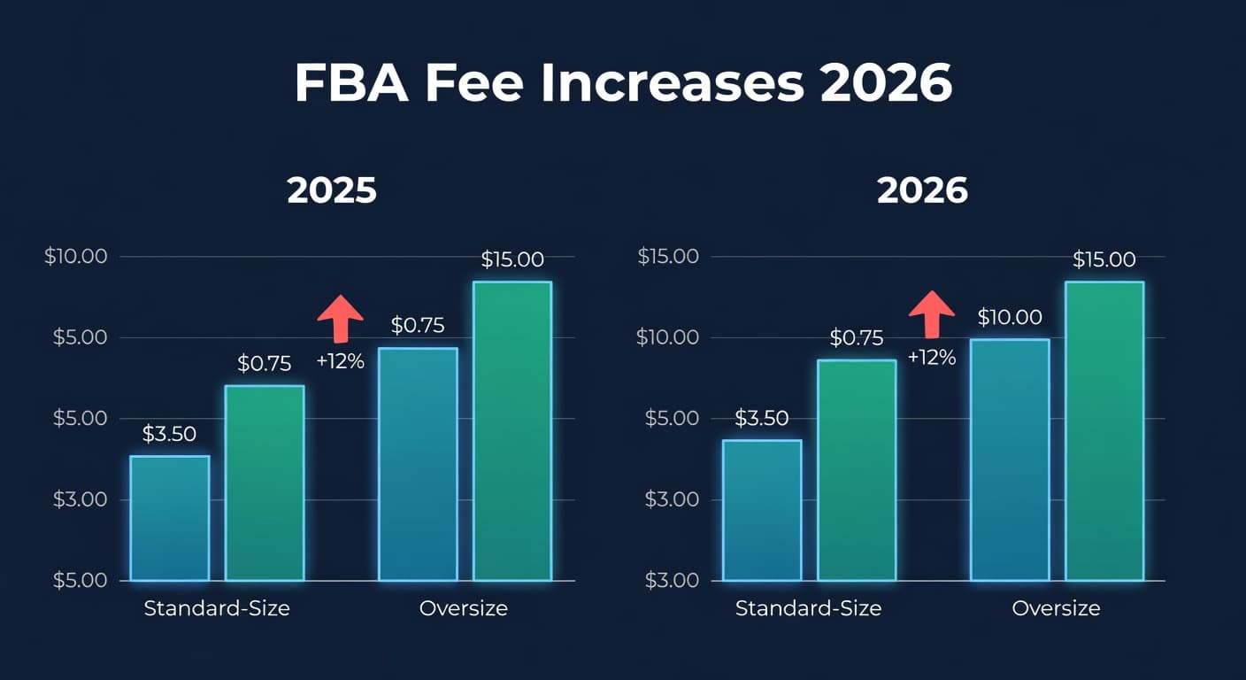Bar chart comparing 2025 vs 2026 Amazon FBA fees across fulfillment, storage, and removal categories showing 4-8% increases