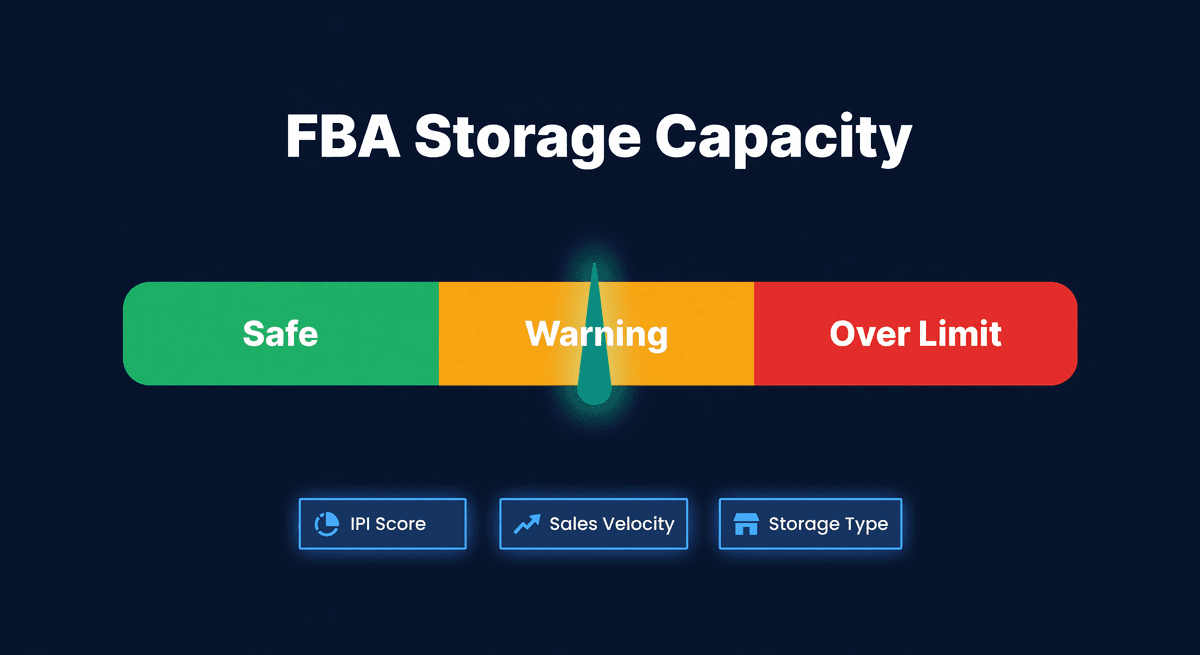 Capacity gauge meter with green safe zone, amber warning zone, and red over-limit zone showing FBA storage capacity thresholds