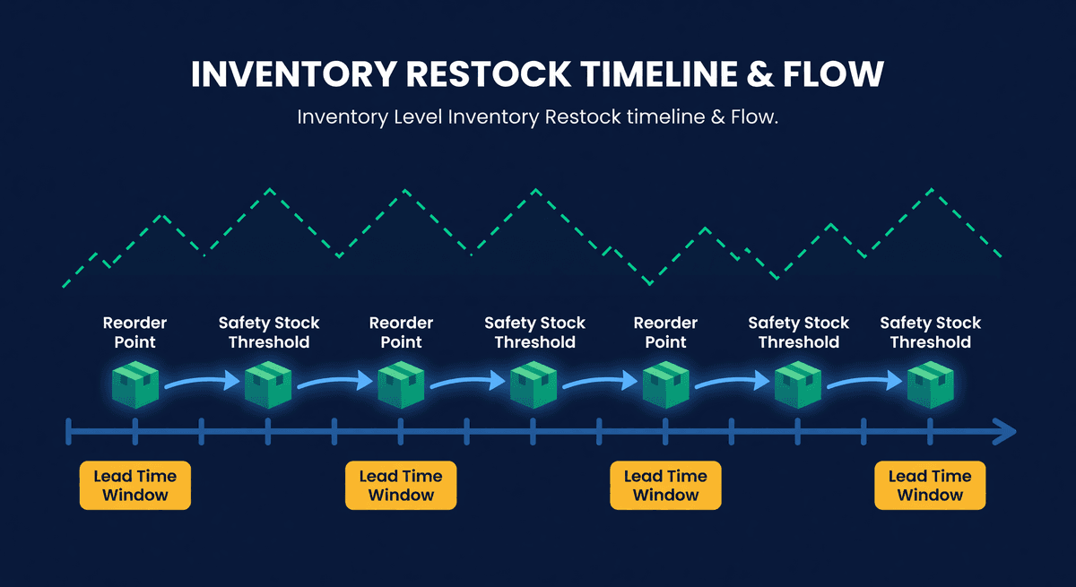 Timeline with shipping boxes at restock trigger points and arrows showing shipment flow with sawtooth inventory level pattern