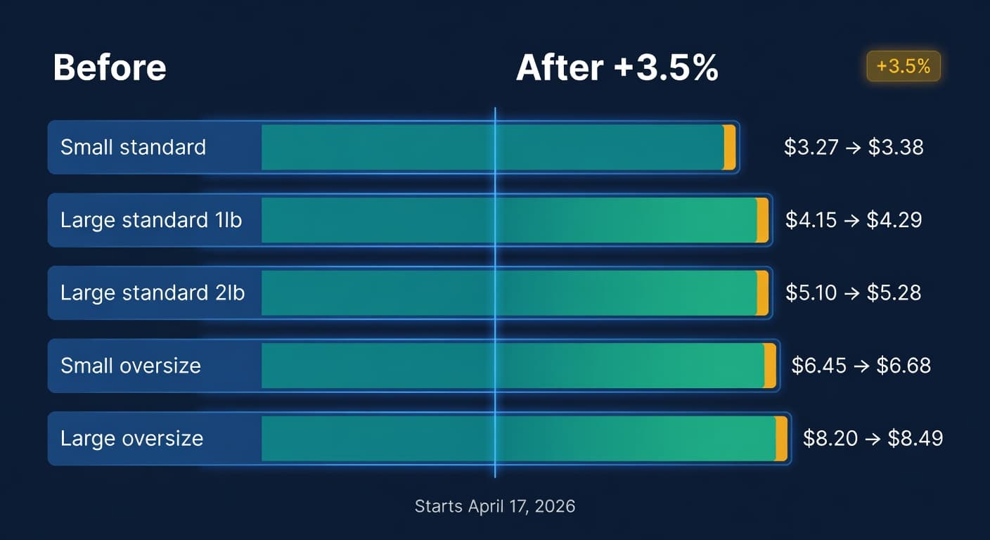 Fee comparison chart showing Amazon FBA fulfillment fees before and after the 3.5% surcharge across size tiers