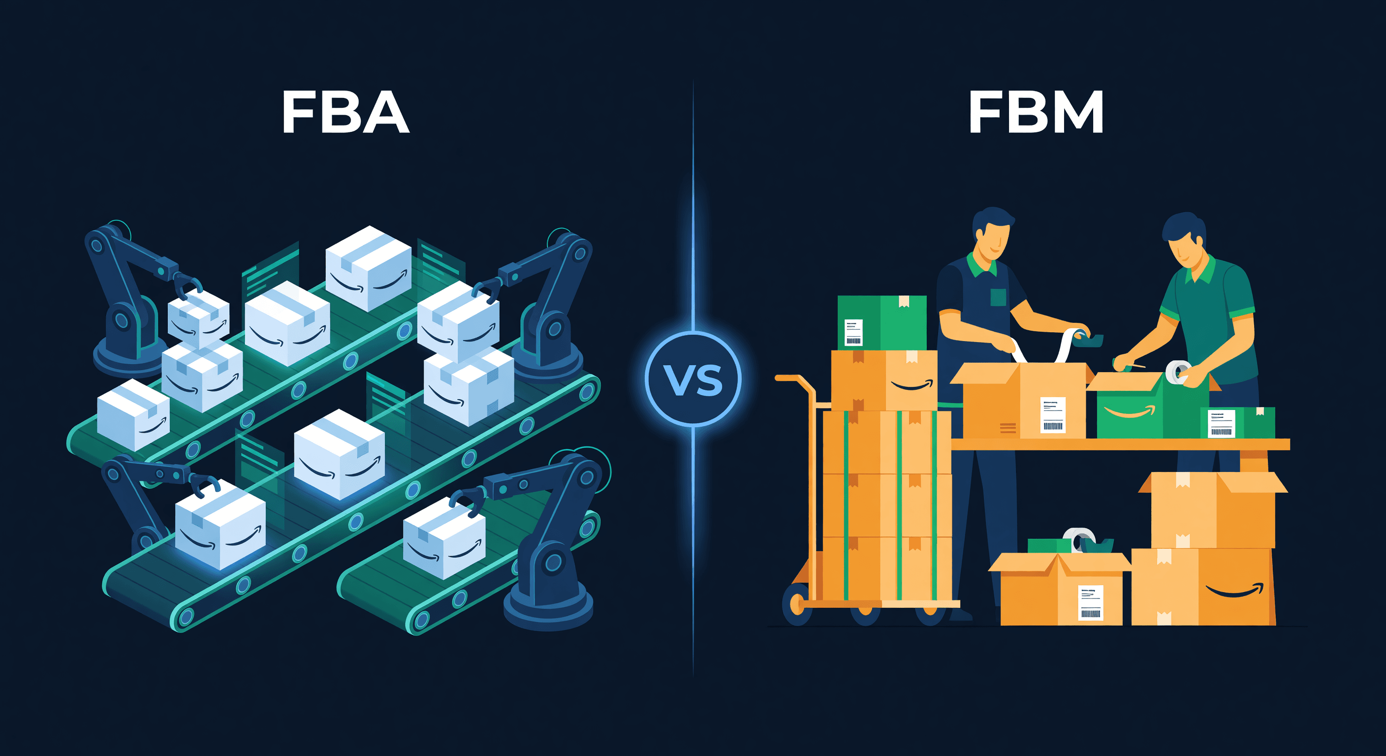 Split composition comparing FBA automated warehouse with conveyor belts on the left versus FBM manual packing station on the right