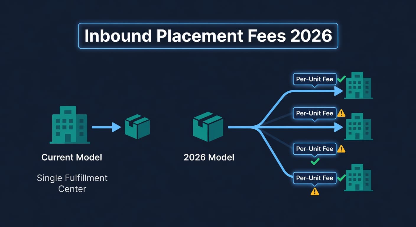 Split diagram comparing single FC shipping with placement fee versus split shipments with no placement fee for Amazon FBA inbound
