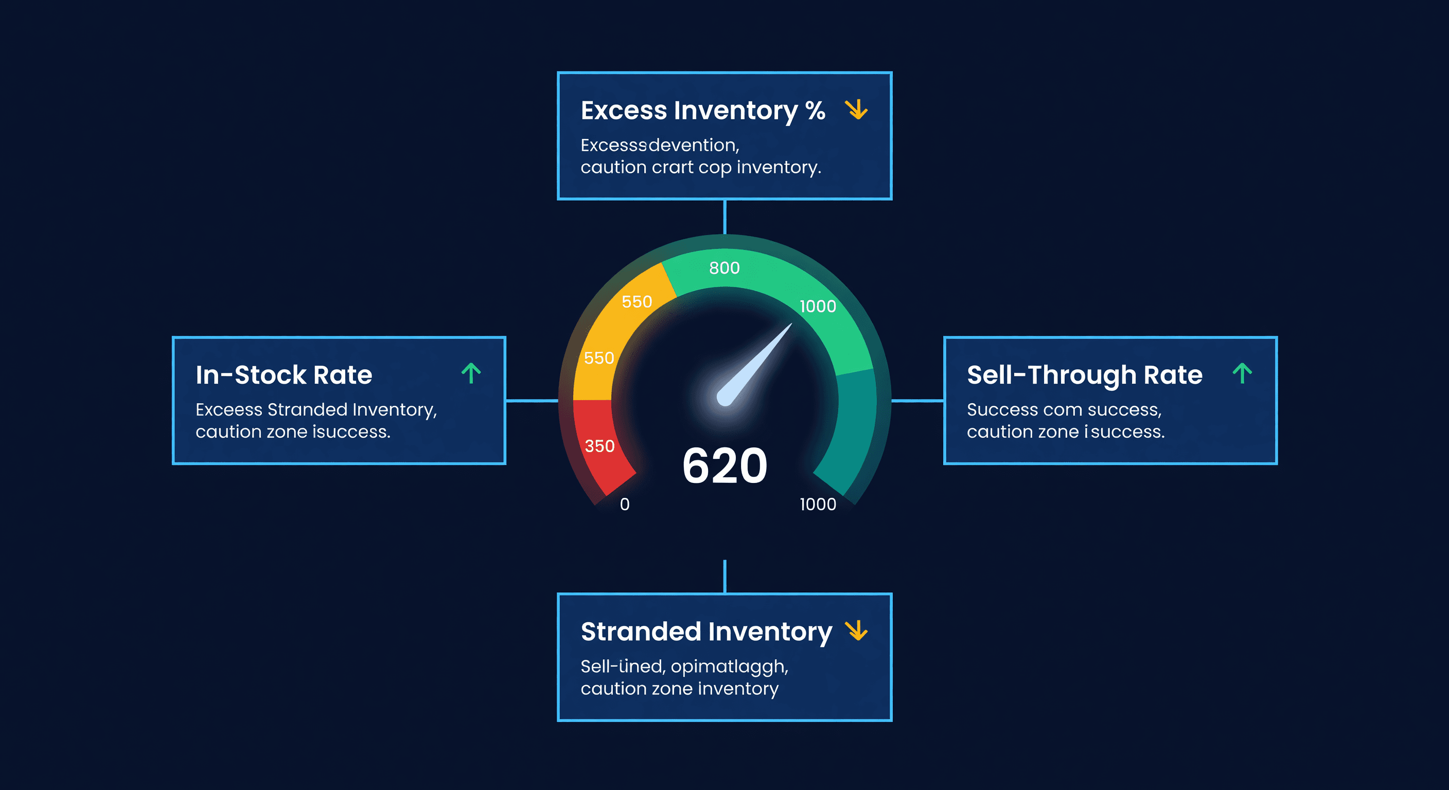Circular dashboard gauge showing IPI score 0 to 1000 with color zones and four key metrics radiating outward
