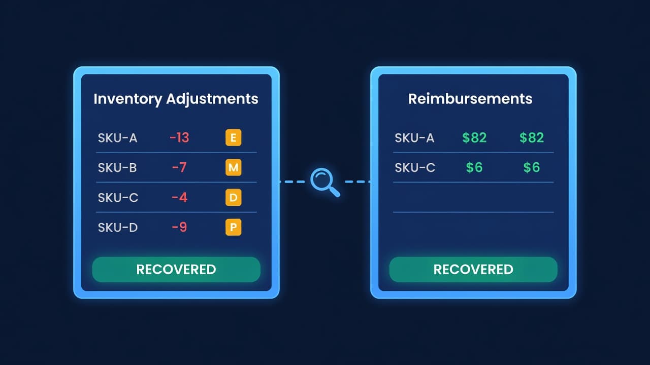 Two FBA ledgers side by side, inventory adjustments with unmatched negative units on the left and reimbursements on the right, reconciled by a magnifying glass to surface recoverable claims