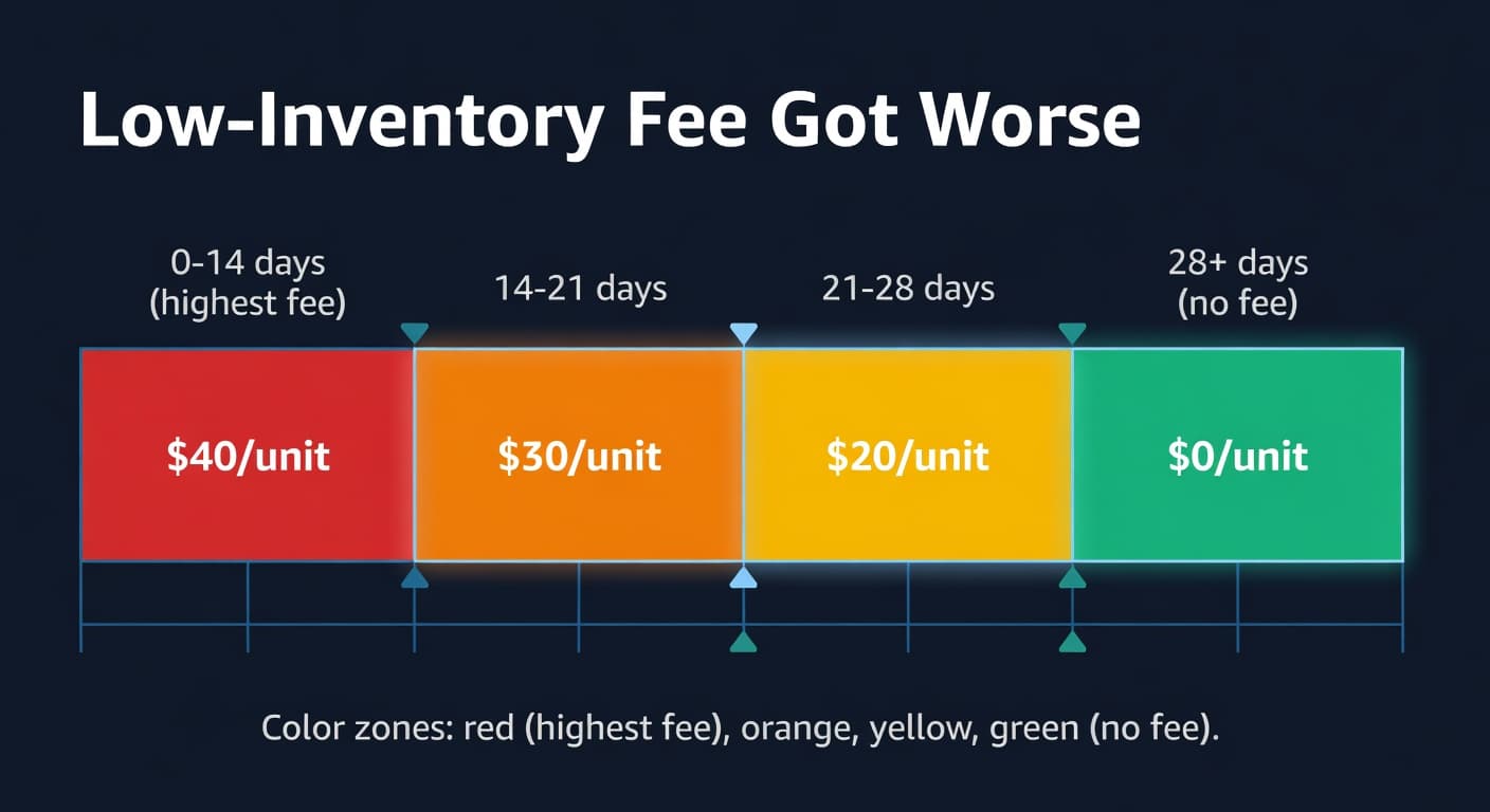Timeline bar showing Amazon low-inventory-level fee zones by days of supply with 2026 per-unit rates and safe zone threshold