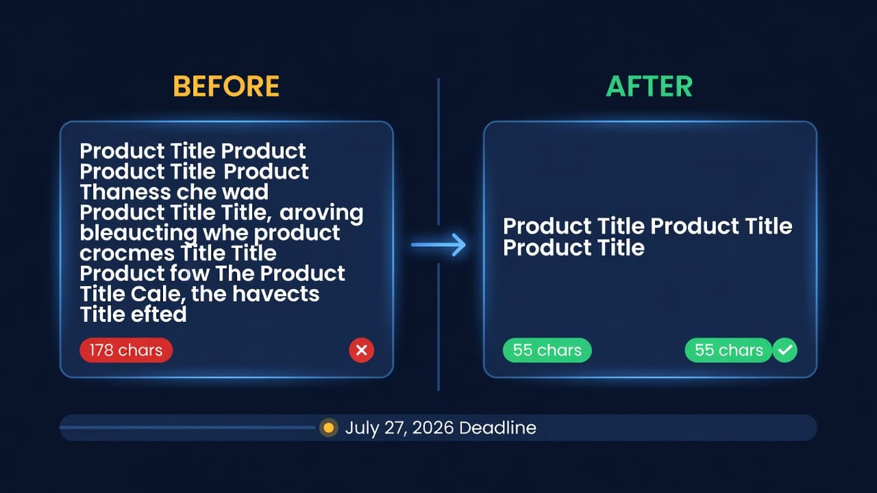 Amazon product title character count comparison showing old keyword-stuffed title versus new 75-character compliant format