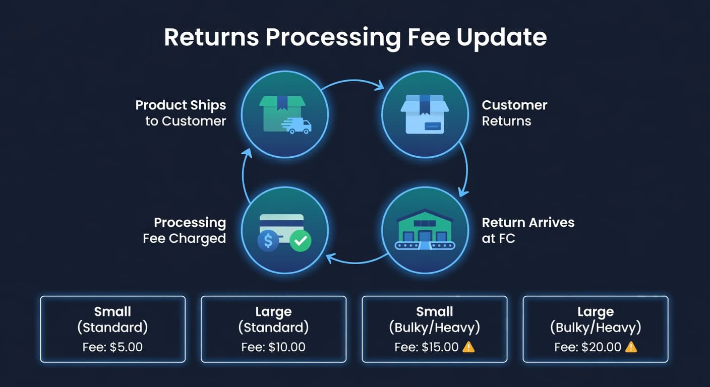Circular flow diagram showing Amazon returns processing fee cycle from sold to returned with per-unit costs and affected categories