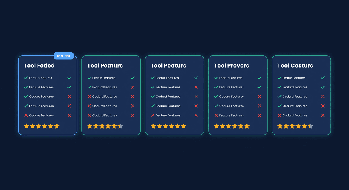 Grid of five tool comparison cards with feature checkmarks, star ratings, and a highlighted top pick badge