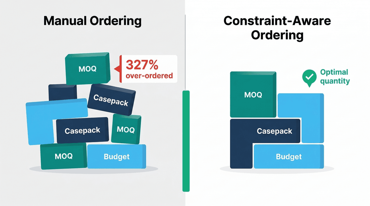 Before and after comparison of manual ordering with misaligned constraints versus constraint-aware ordering with optimal quantities