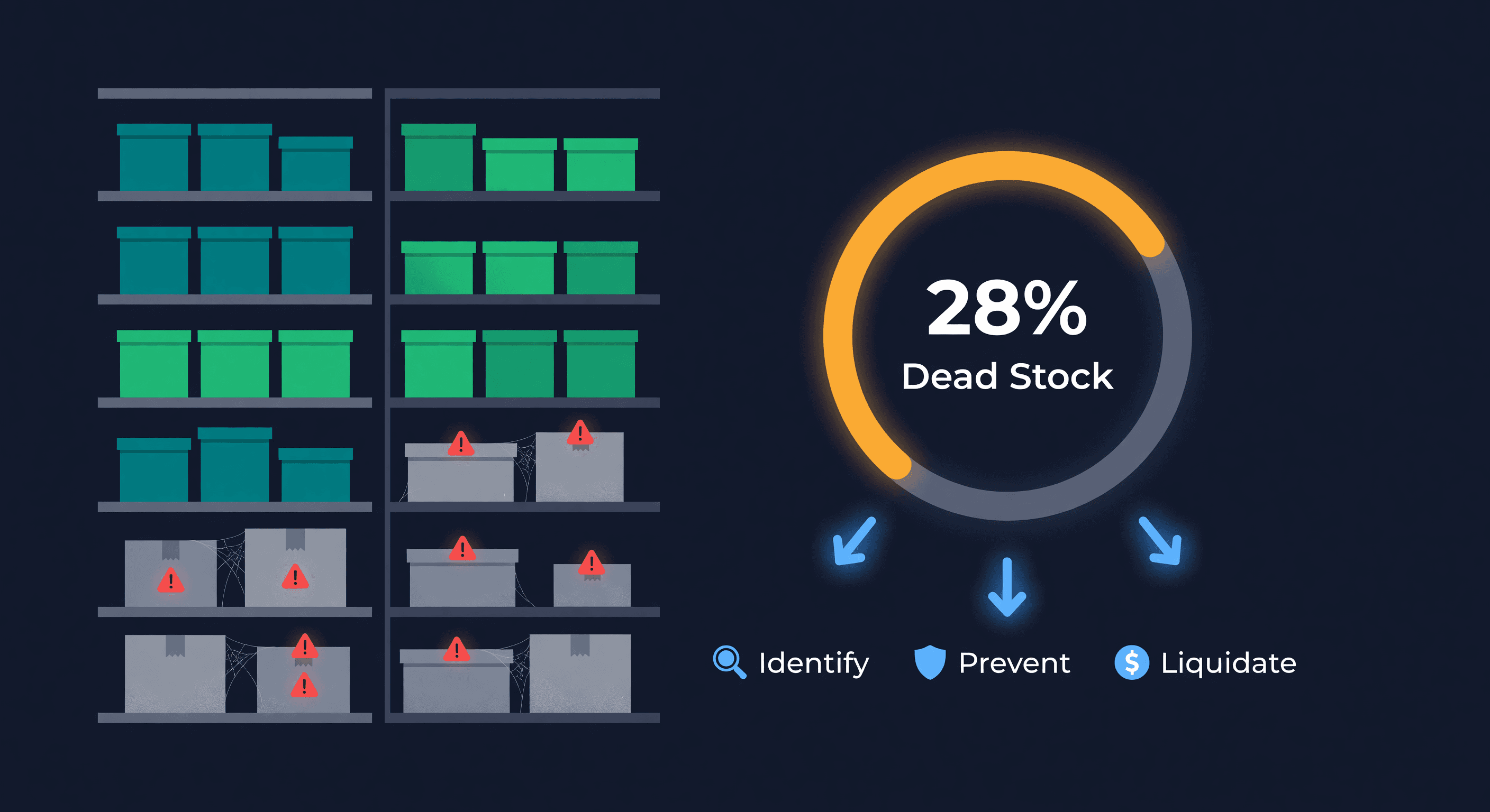 Warehouse shelf split between healthy teal inventory and dusty dead stock with a 28% dead stock gauge and three action icons for identify, prevent, and liquidate
