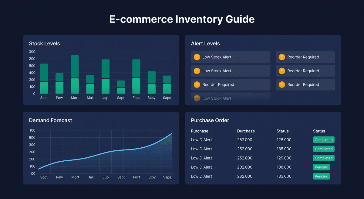 Comprehensive dashboard with four panels showing stock levels, alerts, demand forecasts, and purchase orders on a dark navy background
