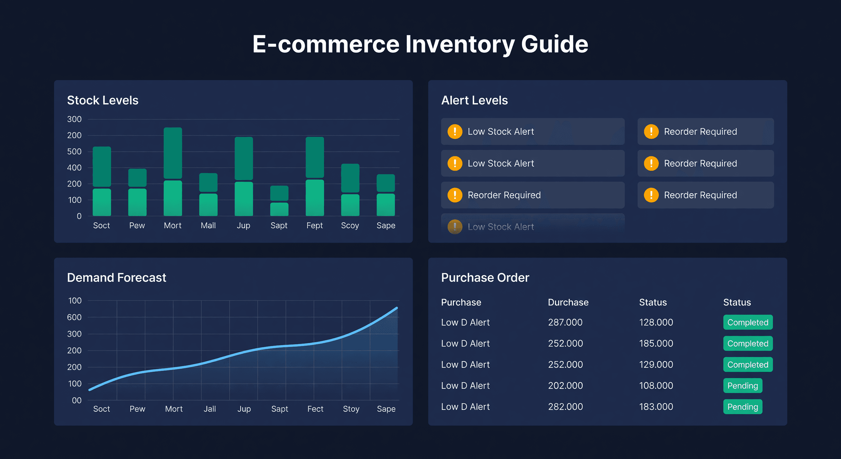 Comprehensive dashboard with four panels showing stock levels, alerts, demand forecasts, and purchase orders on a dark navy background