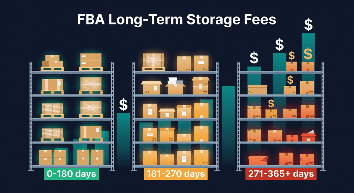 FBA inventory aging from green at 0-180 days through amber at 181-270 days to red at 365+ days with escalating surcharge bars