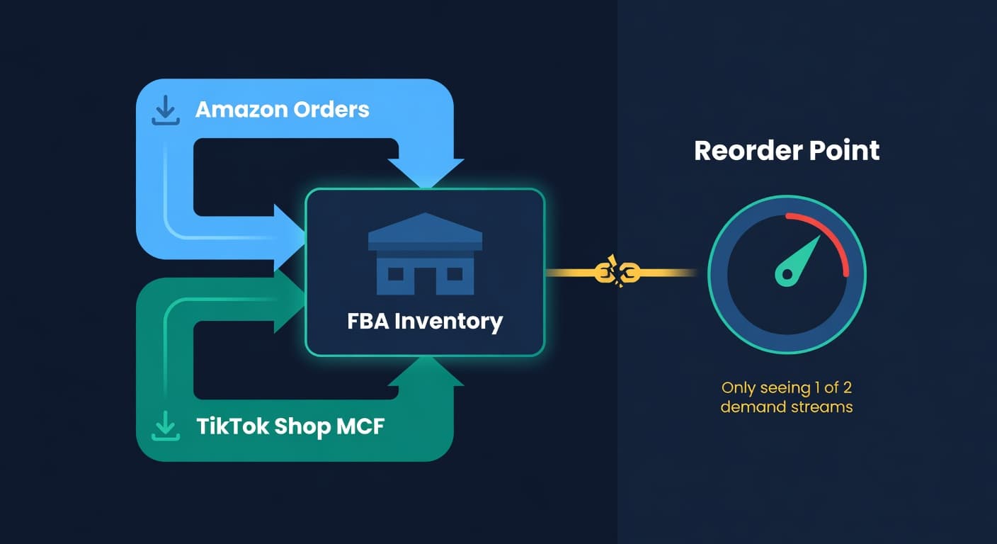 Split diagram showing Amazon and TikTok Shop demand streams both pulling from a single FBA inventory pool, with a broken reorder point indicator