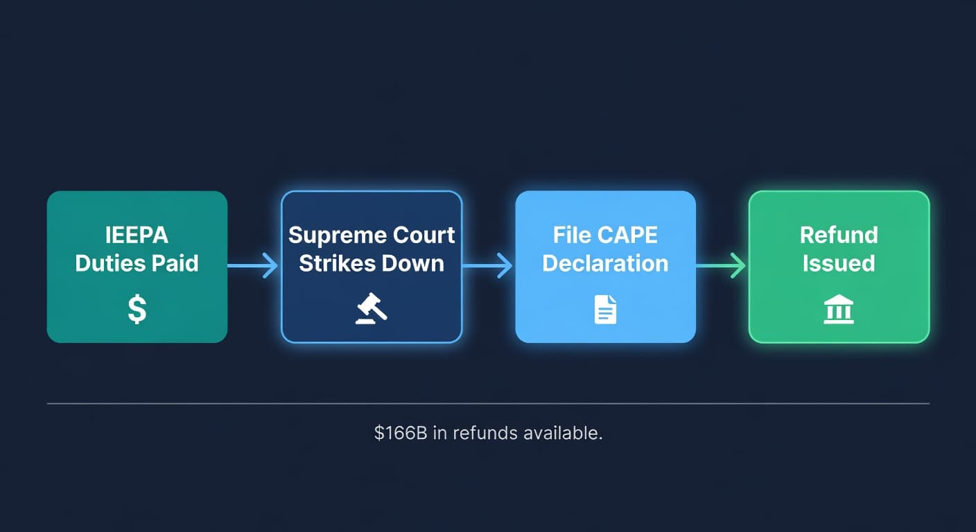 Flowchart showing the IEEPA tariff refund process from customs entry through CAPE portal to refund issuance on dark navy background