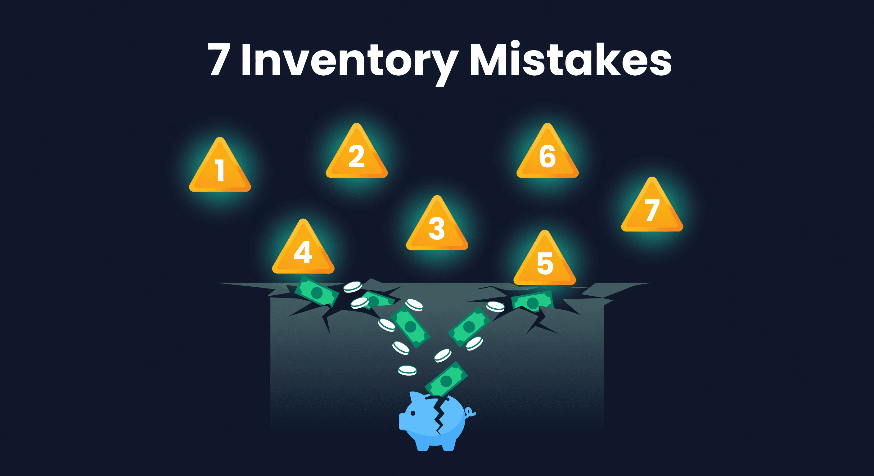Seven warning icons arranged in a pattern with cash draining away through cracks on a dark navy background
