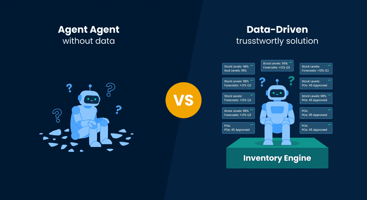 Side-by-side comparison of AI agent capabilities versus purpose-built inventory software with checkmarks and X marks