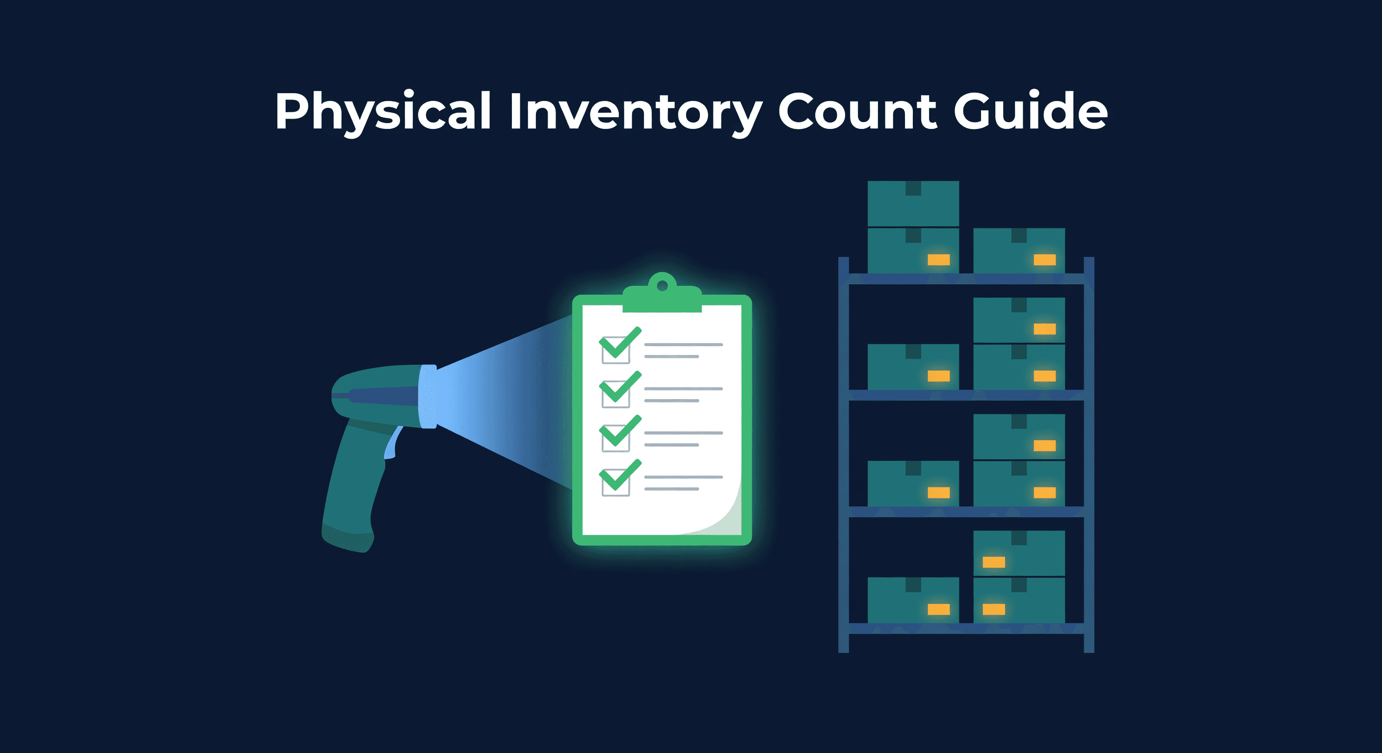 Warehouse scene with clipboard checklist, barcode scanner, and inventory racks with count tags