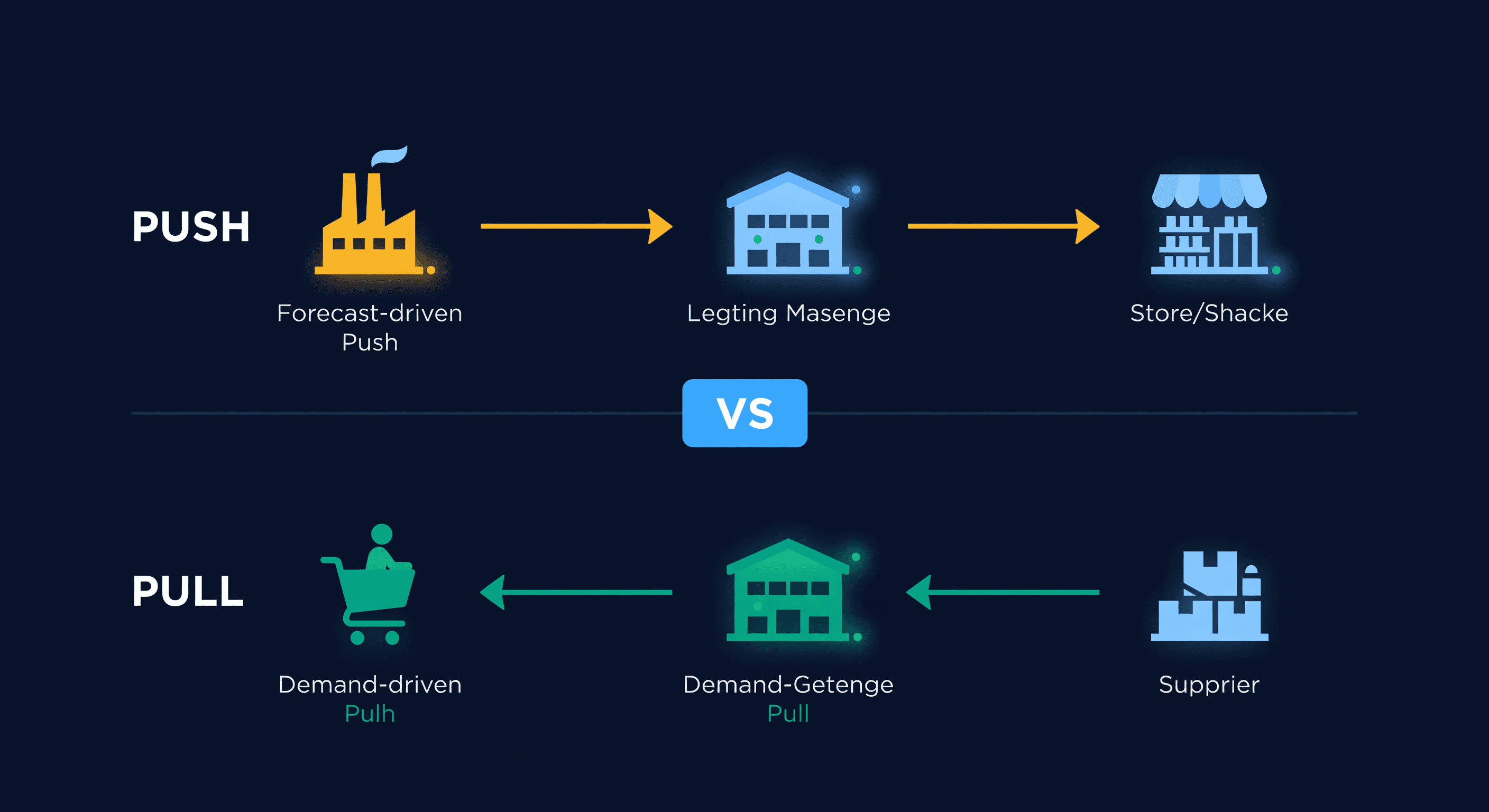 Two opposing flow diagrams showing push arrows from factory to store and pull arrows from customer demand backward to supplier