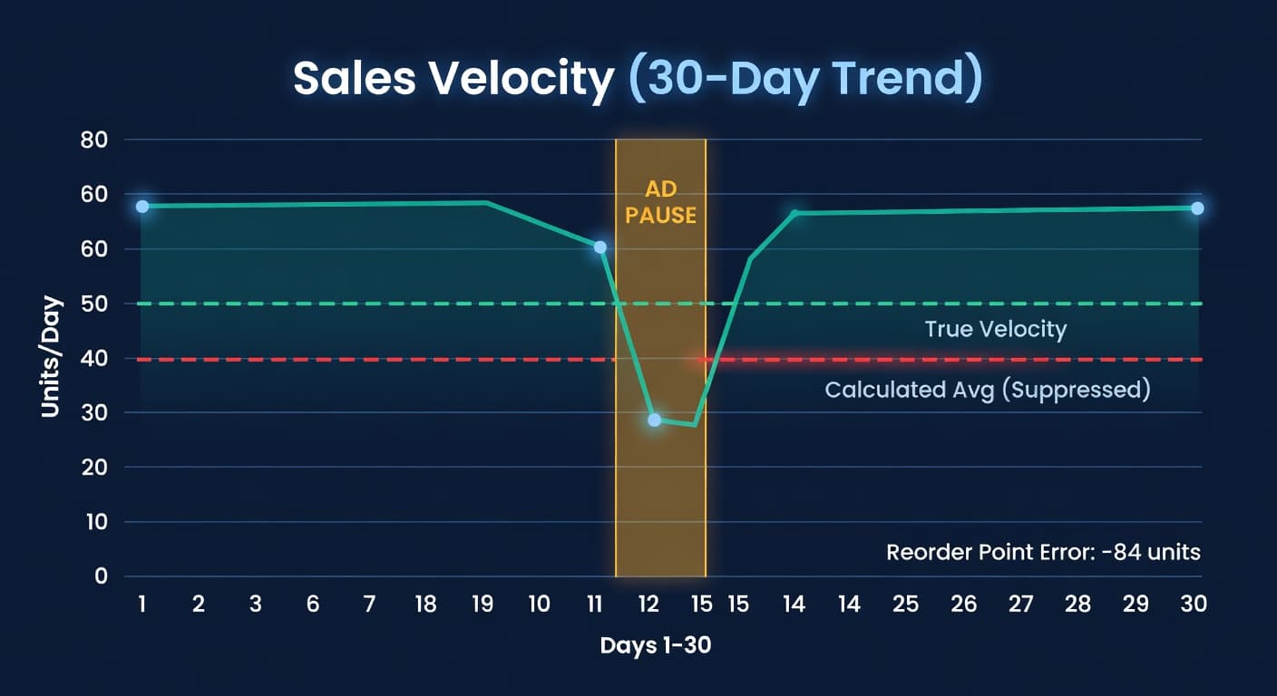 Sales velocity chart showing a dip during an ad pause period and the resulting incorrect reorder point line dropping below the true demand level