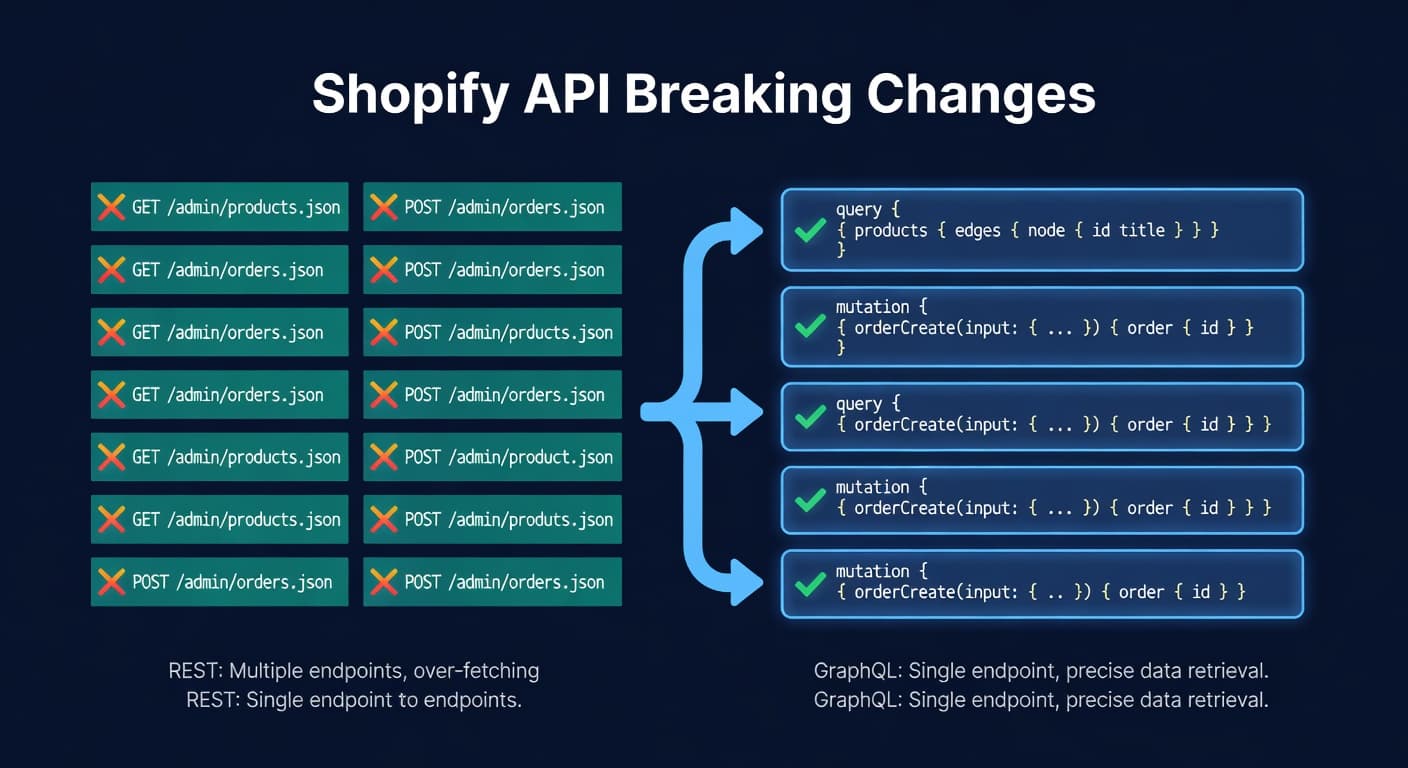Before-and-after comparison showing Shopify REST API deprecation and migration to GraphQL API with timeline for October 2026 removal