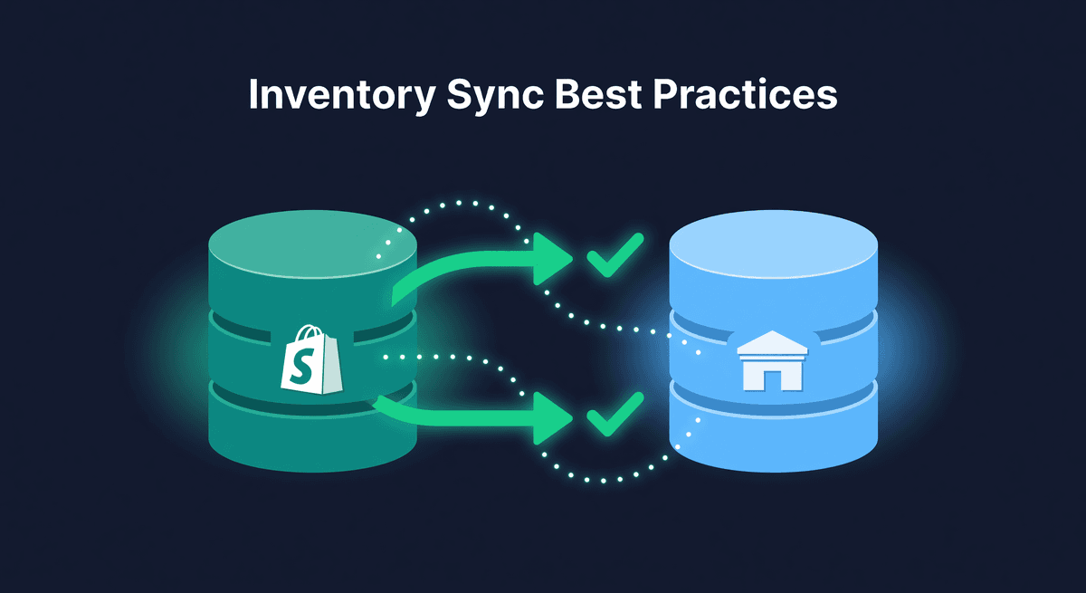 Two database cylinders connected by glowing sync arrows with checkmarks and data flowing between them on a dark navy background