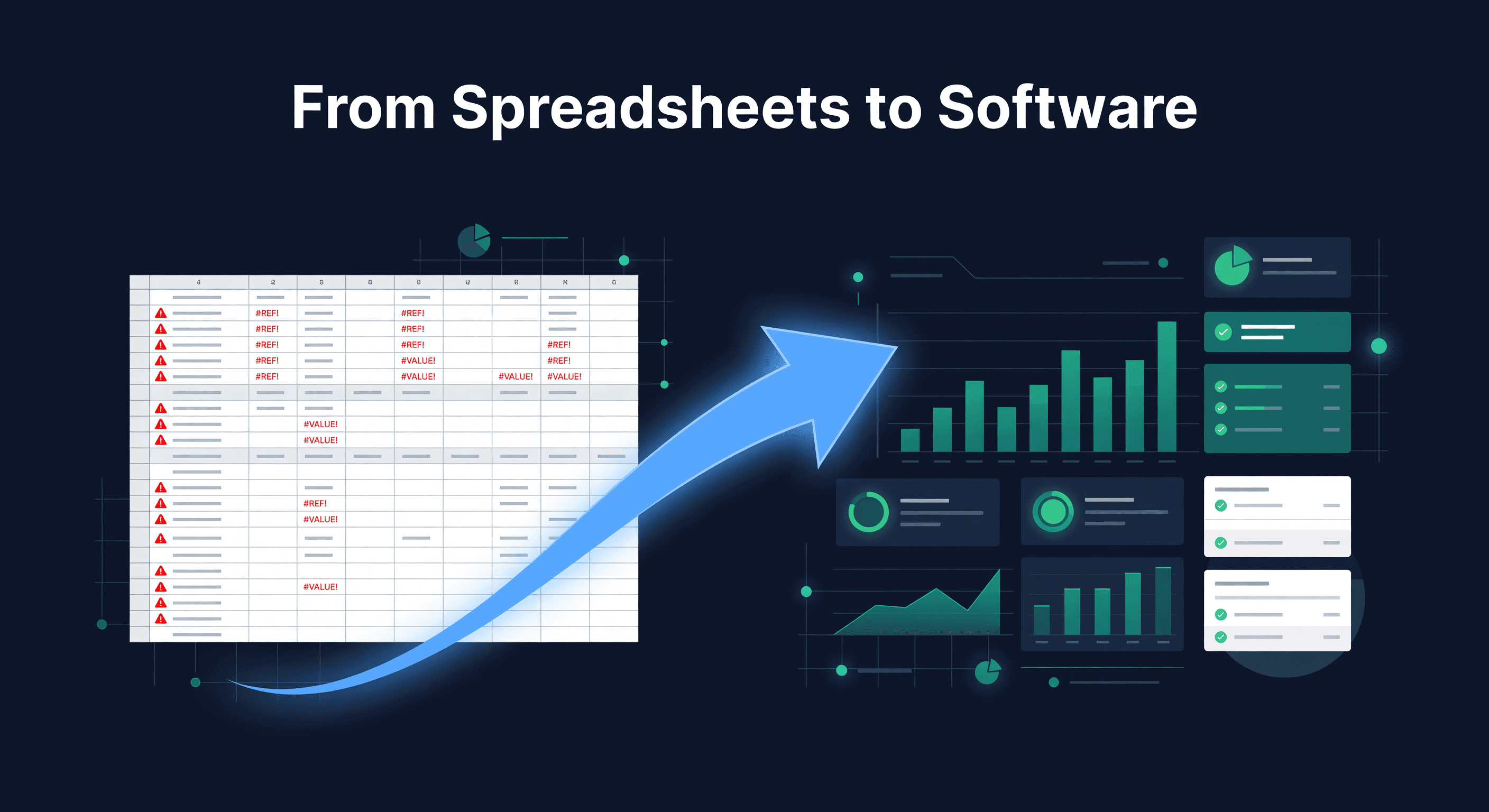 Split-screen transition from a messy spreadsheet with warning icons to a clean inventory software dashboard with teal charts and emerald status indicators