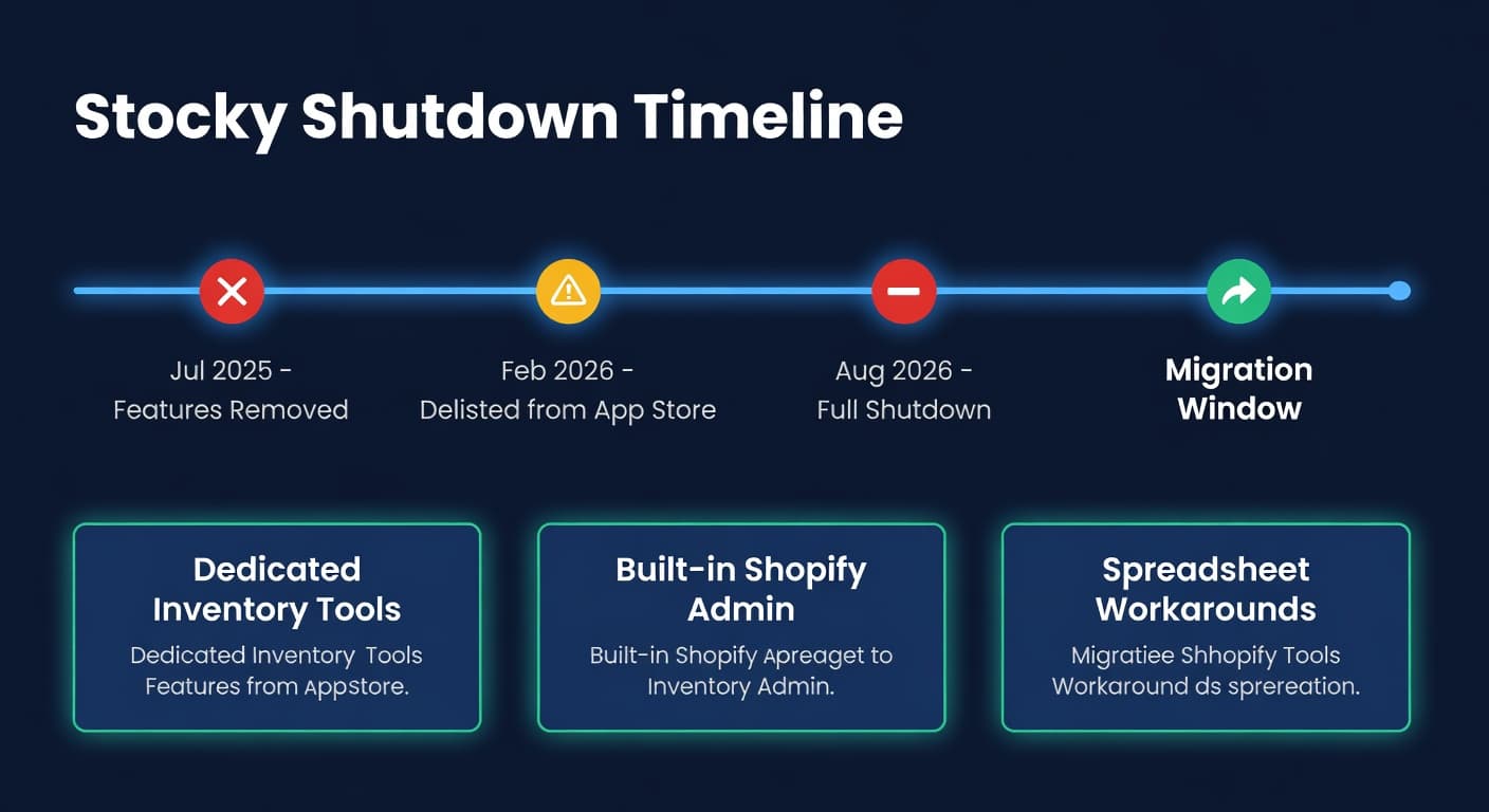 Timeline showing Stocky shutdown milestones with arrows pointing to alternative inventory management tools