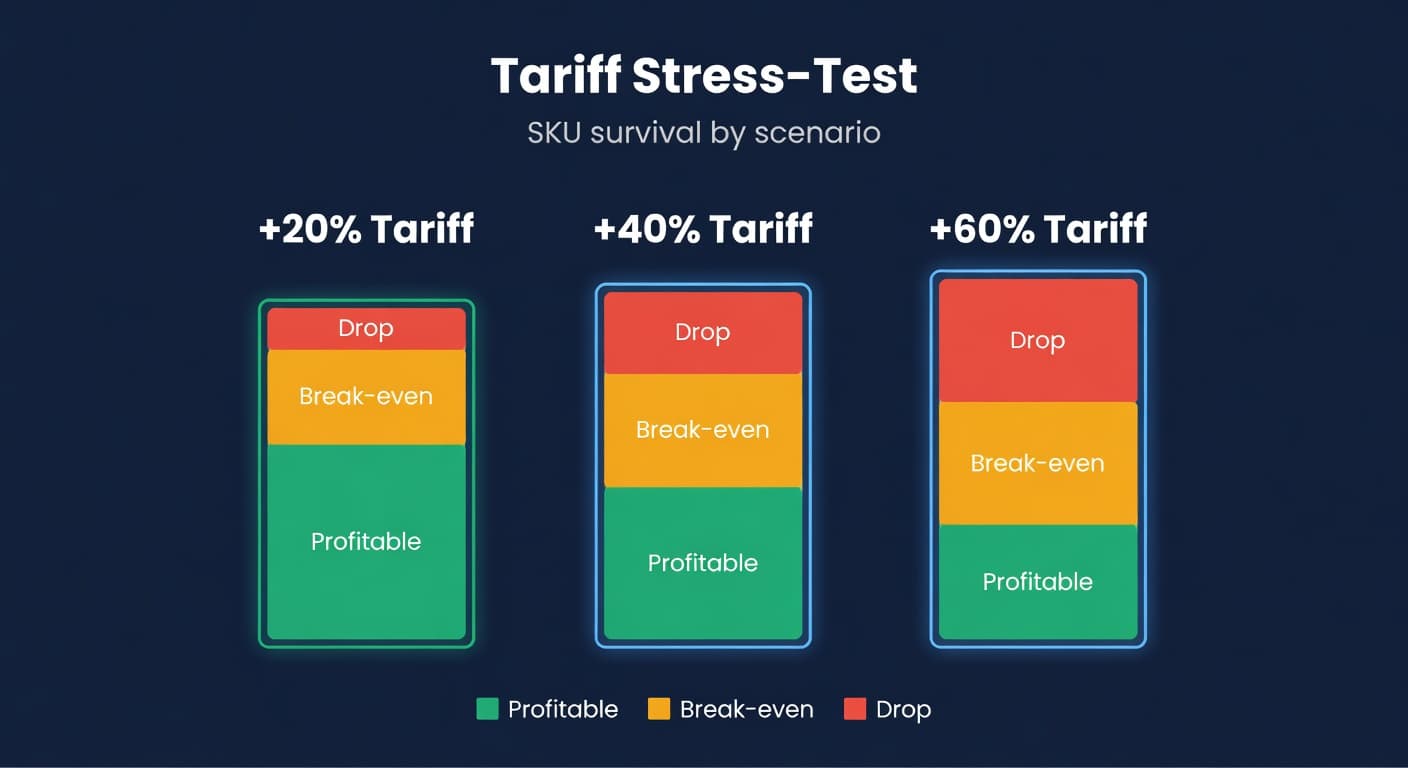 Three tariff scenario columns showing SKU survival rates at different tariff levels on a dark navy background