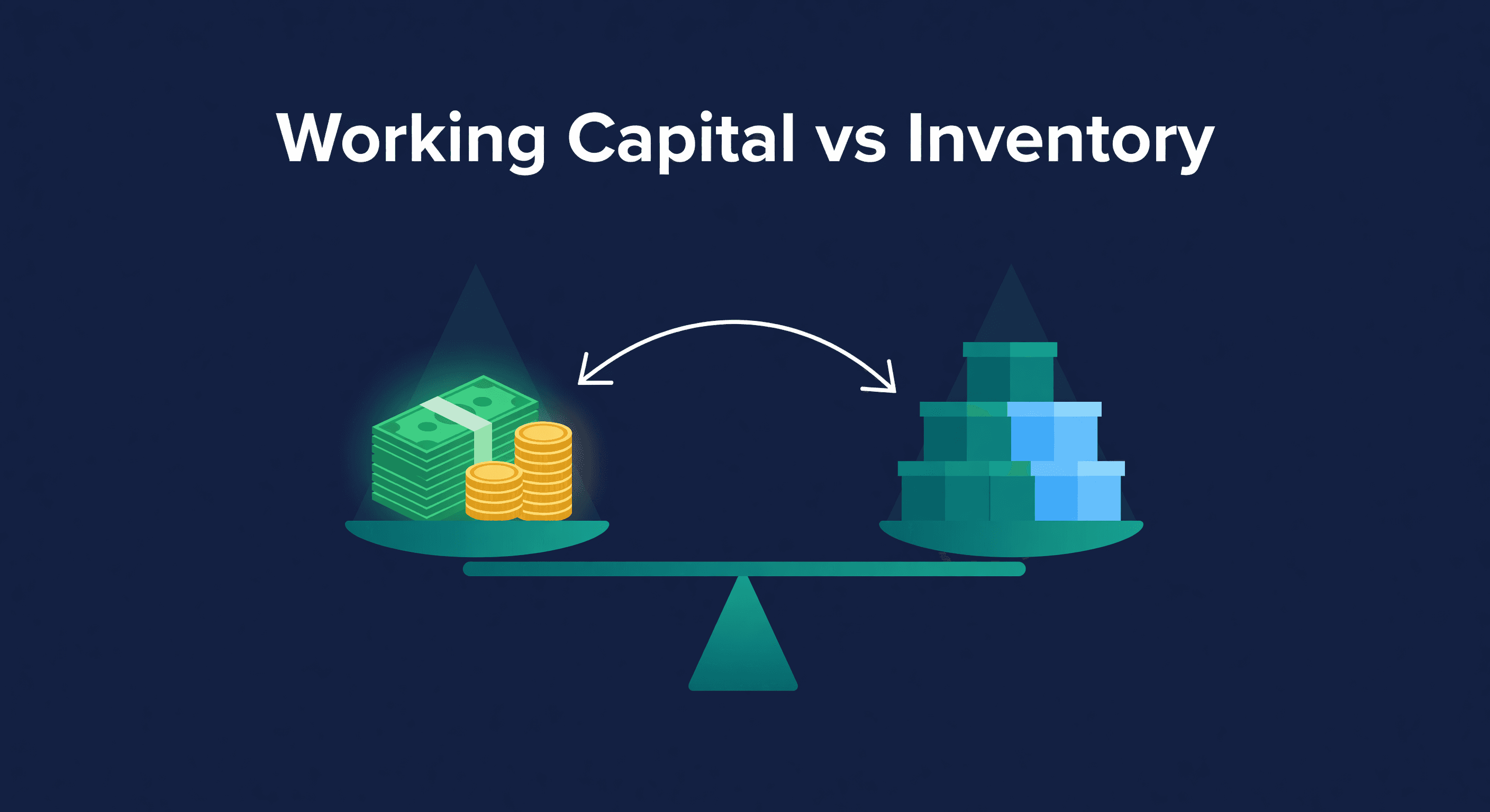 Balance scale with cash and coins on the left side and inventory boxes on the right, showing the working capital vs inventory tradeoff