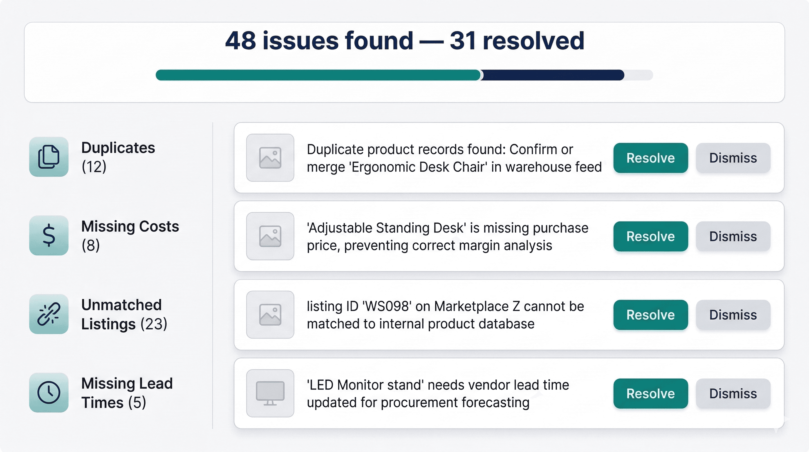 Catalog triage resolution queue showing data quality issues organized by category with resolve and dismiss actions