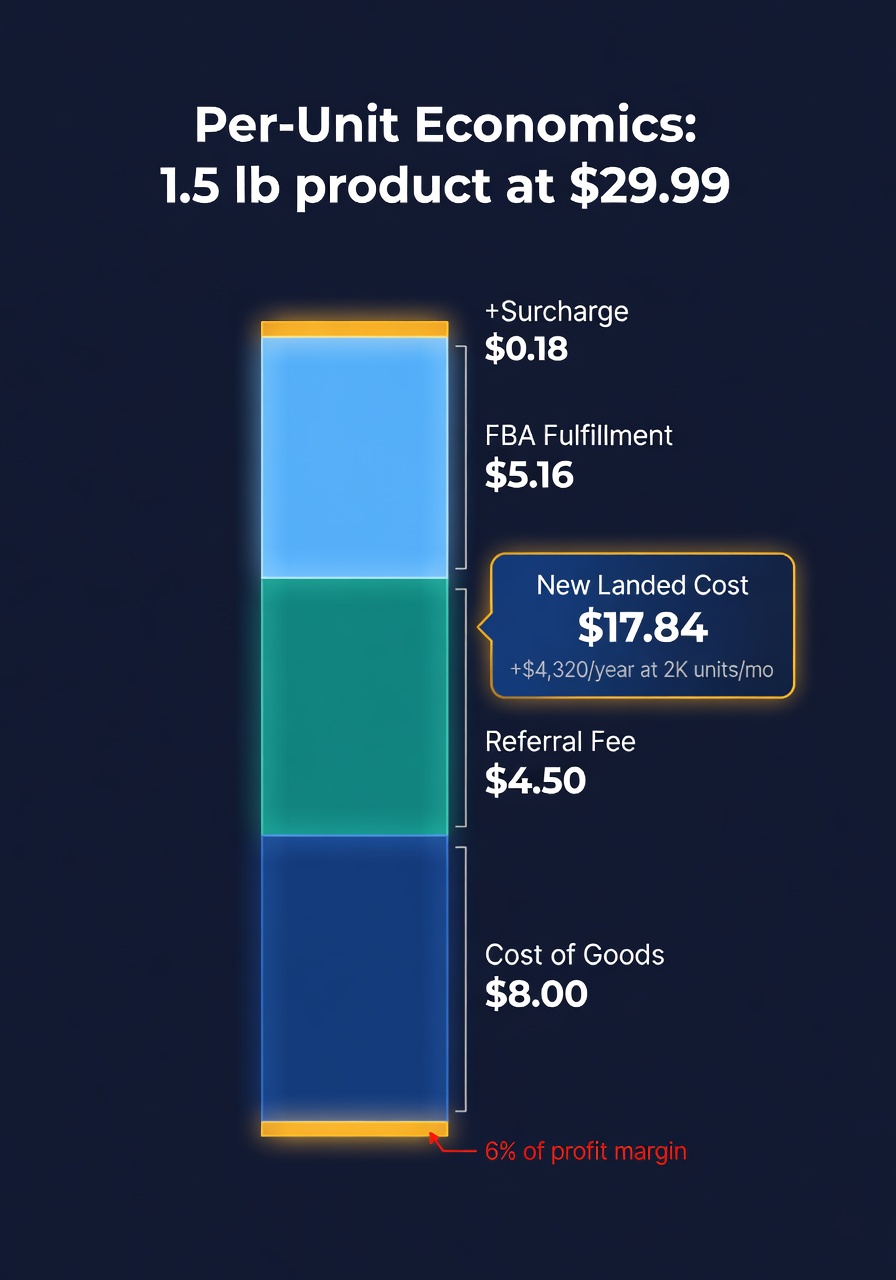 Per-unit fee breakdown showing how the 3.5% surcharge stacks on top of existing FBA costs