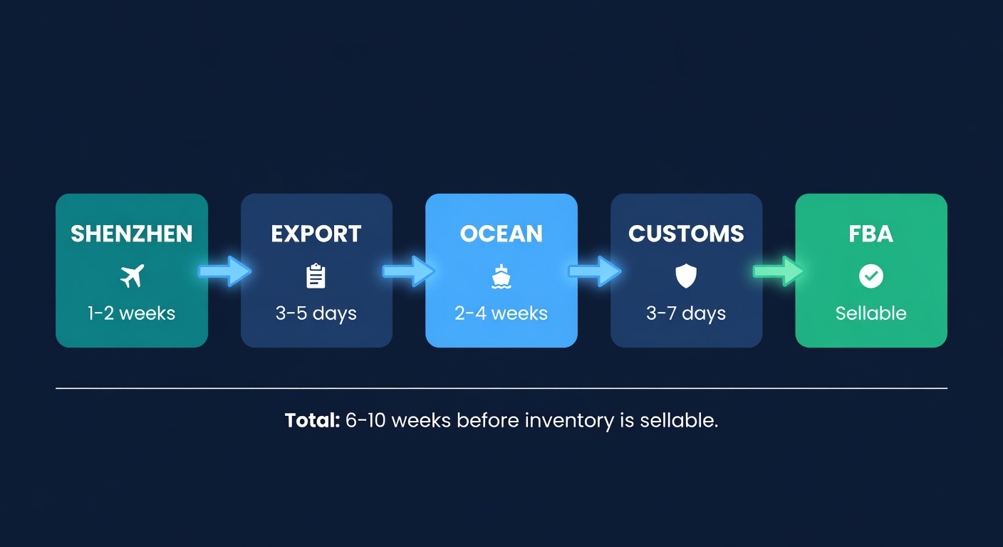 GWD pipeline timeline showing stages from Shenzhen warehouse to FBA availability