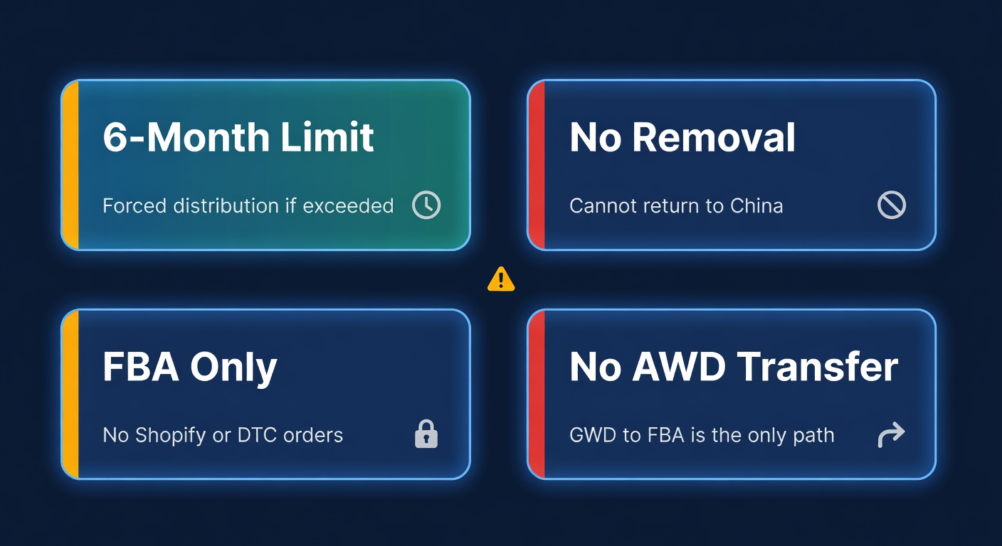 Four constraint cards showing GWD limitations: 6-month limit, no removal, no MCD, no AWD transfer