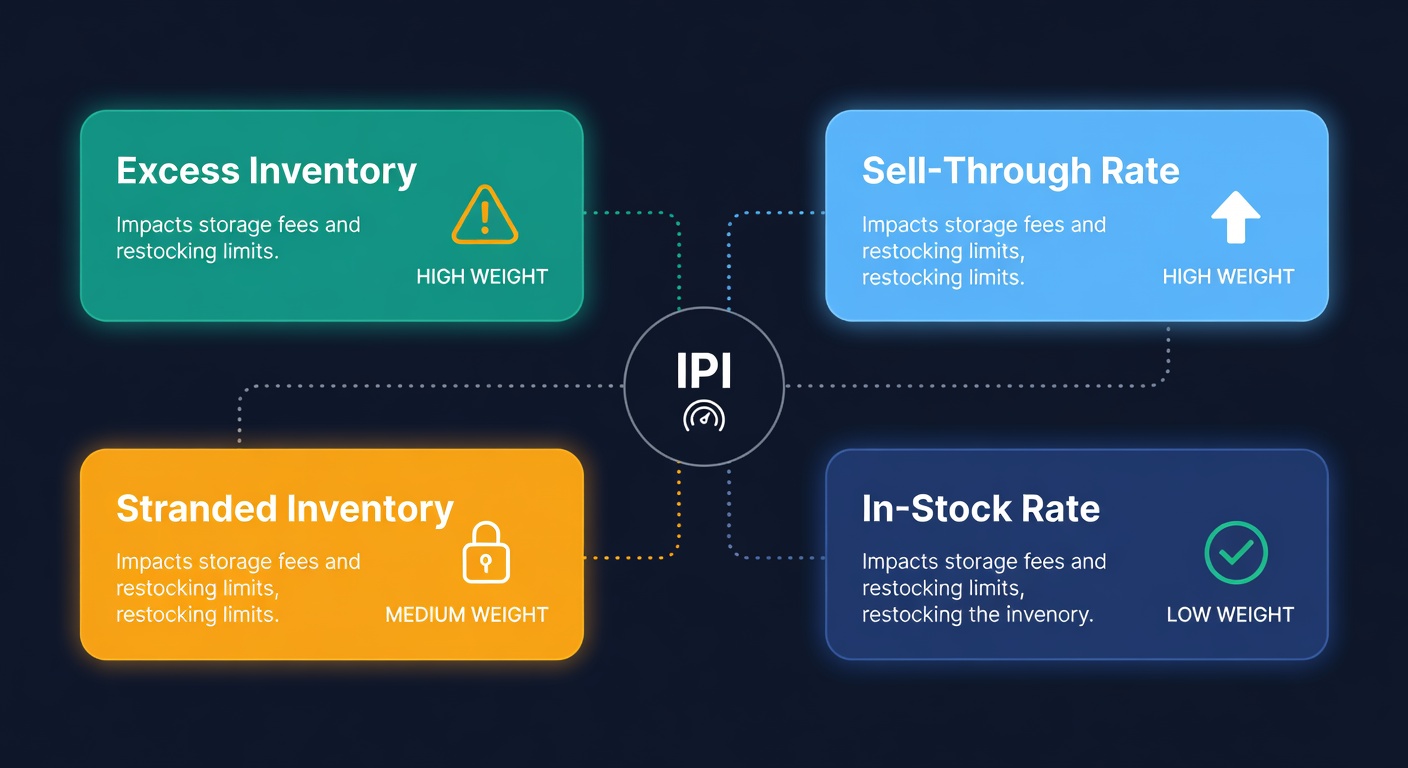 Four IPI score factors: Excess Inventory and Sell-Through Rate carry the most weight, followed by Stranded Inventory and In-Stock Rate