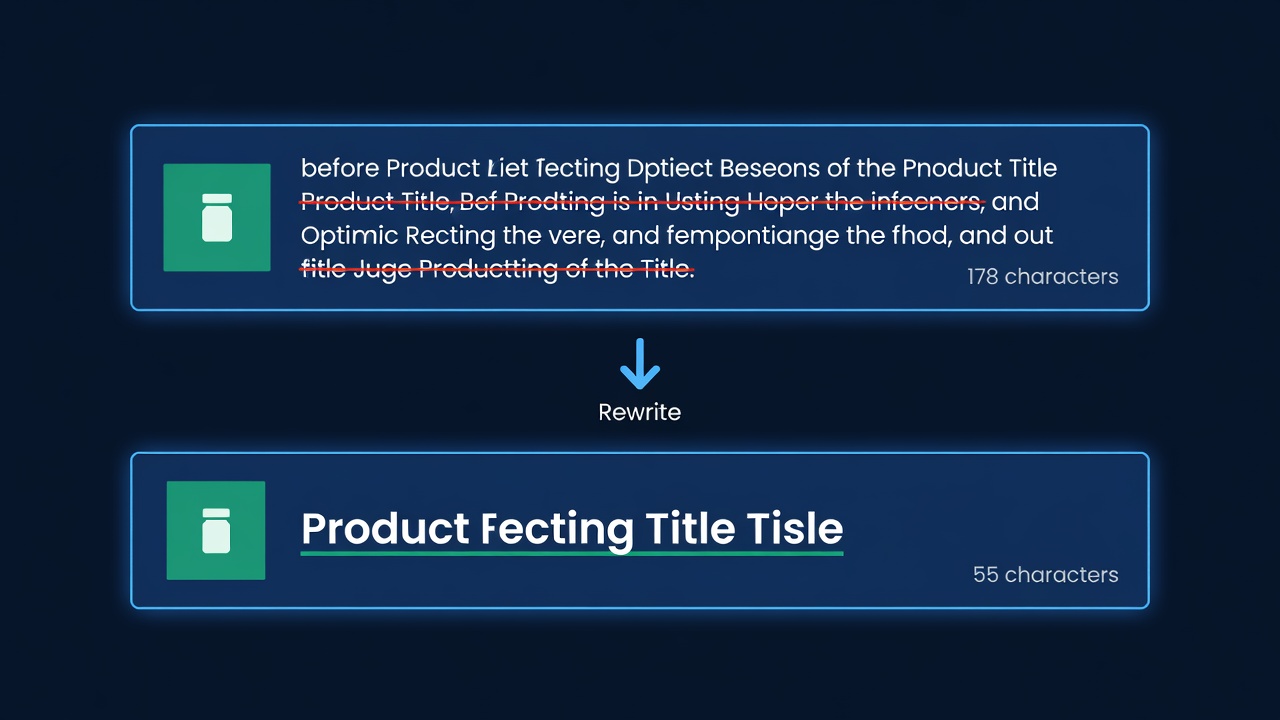 Before and after title comparison showing a keyword-stuffed 178-character title condensed to a compliant 55-character version