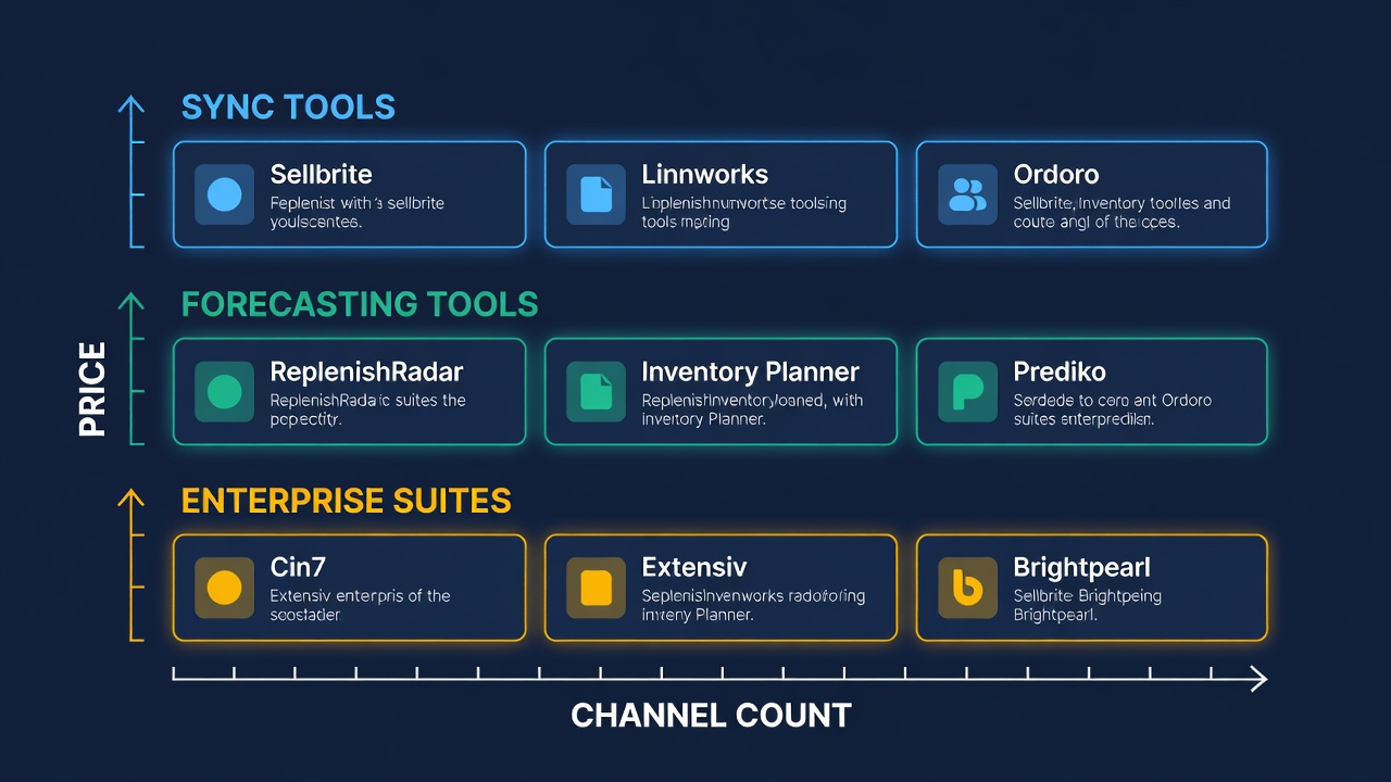 Multi-channel inventory tools categorized by type: sync tools, forecasting tools, and enterprise suites