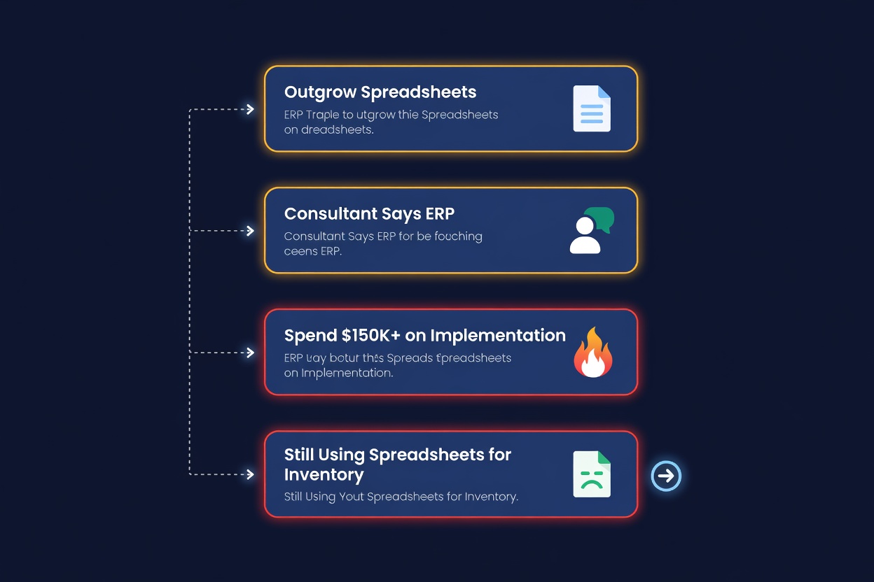The ERP trap cycle: outgrow spreadsheets, consultant says ERP, spend $150K on implementation, still using spreadsheets for inventory