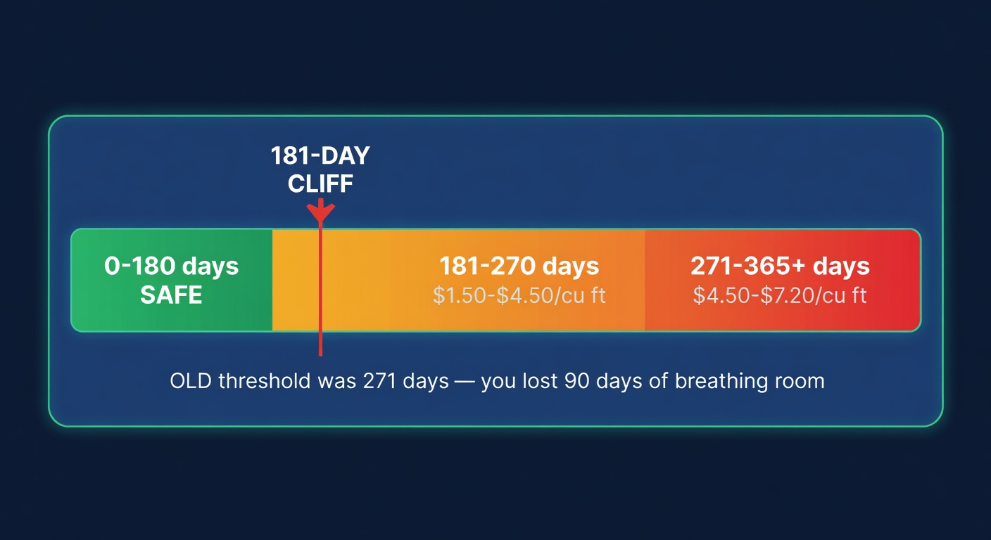 Inventory aging timeline showing the 181-day cliff where FBA surcharges begin
