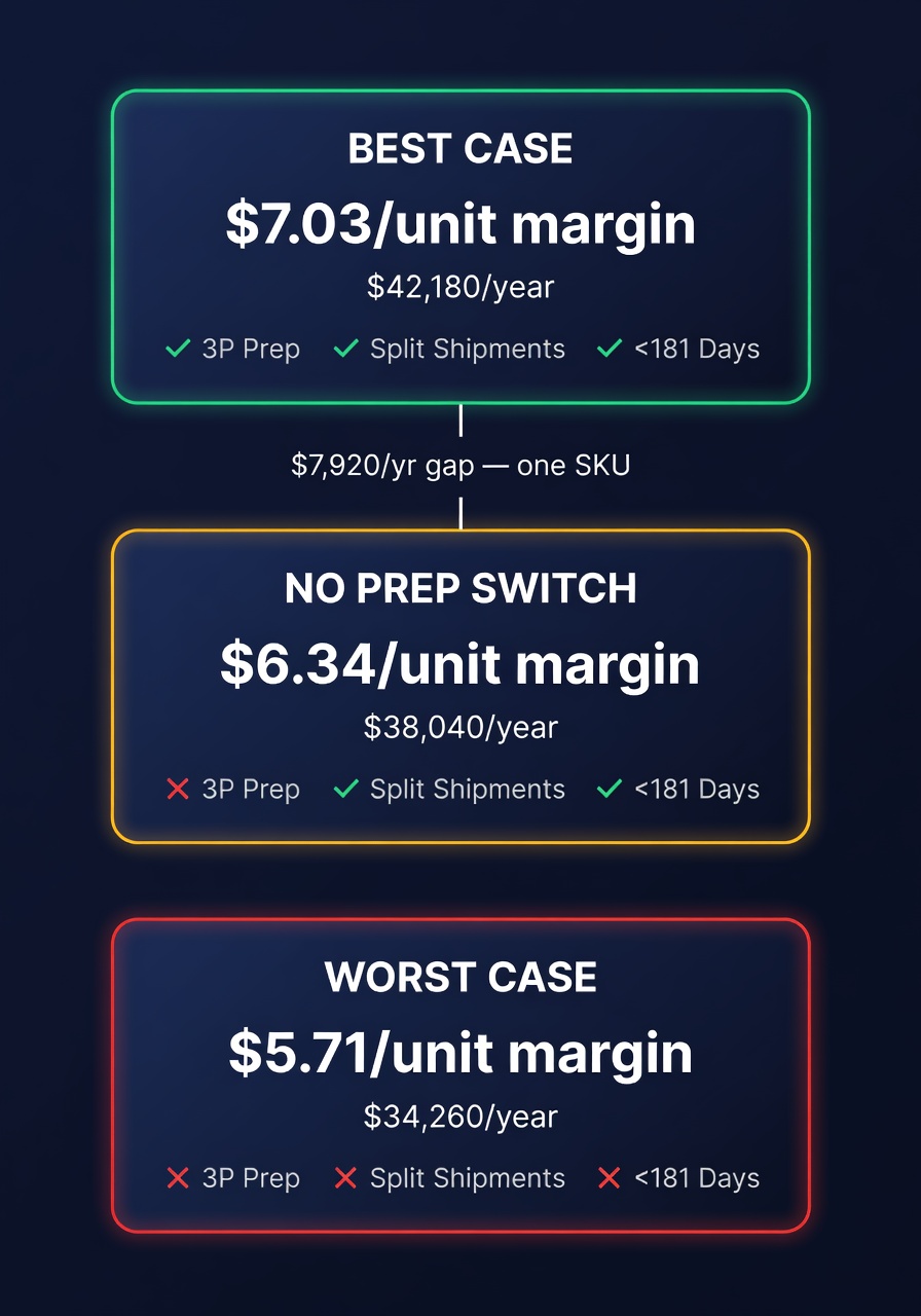 Before and after net margin comparison showing 2025 vs 2026 FBA costs on a $24.99 item