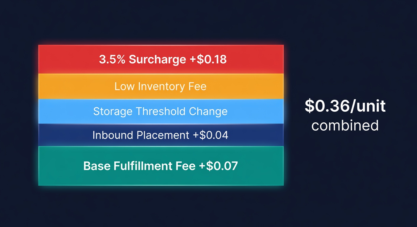 Five stacked FBA fee changes for 2026 shown as layers building on each other