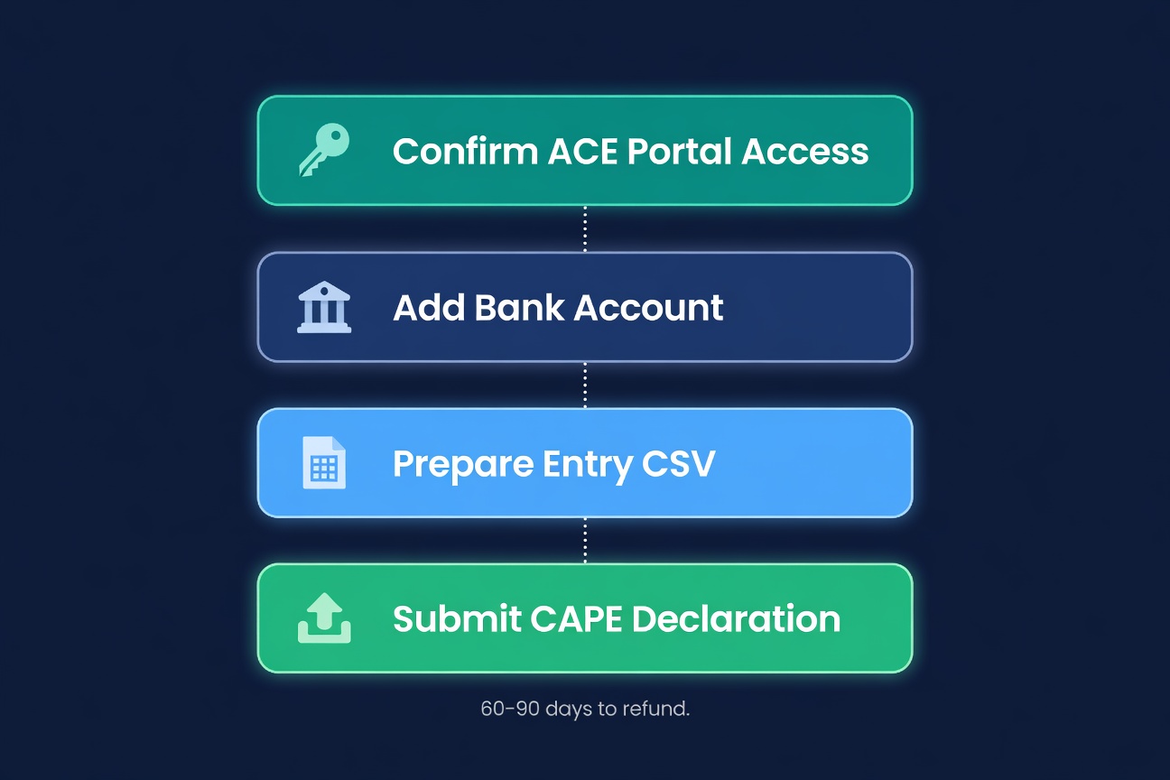 Four-step CAPE filing process from ACE Portal access through declaration submission