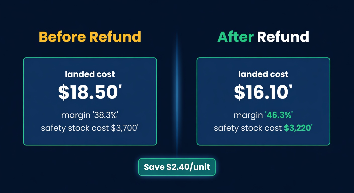 Before and after comparison showing landed cost drop from $18.50 to $16.10 per unit after IEEPA refund