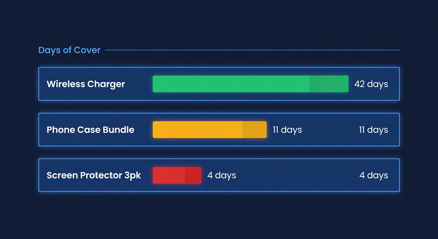 Days of cover dashboard showing three SKUs with green, amber, and red status bars
