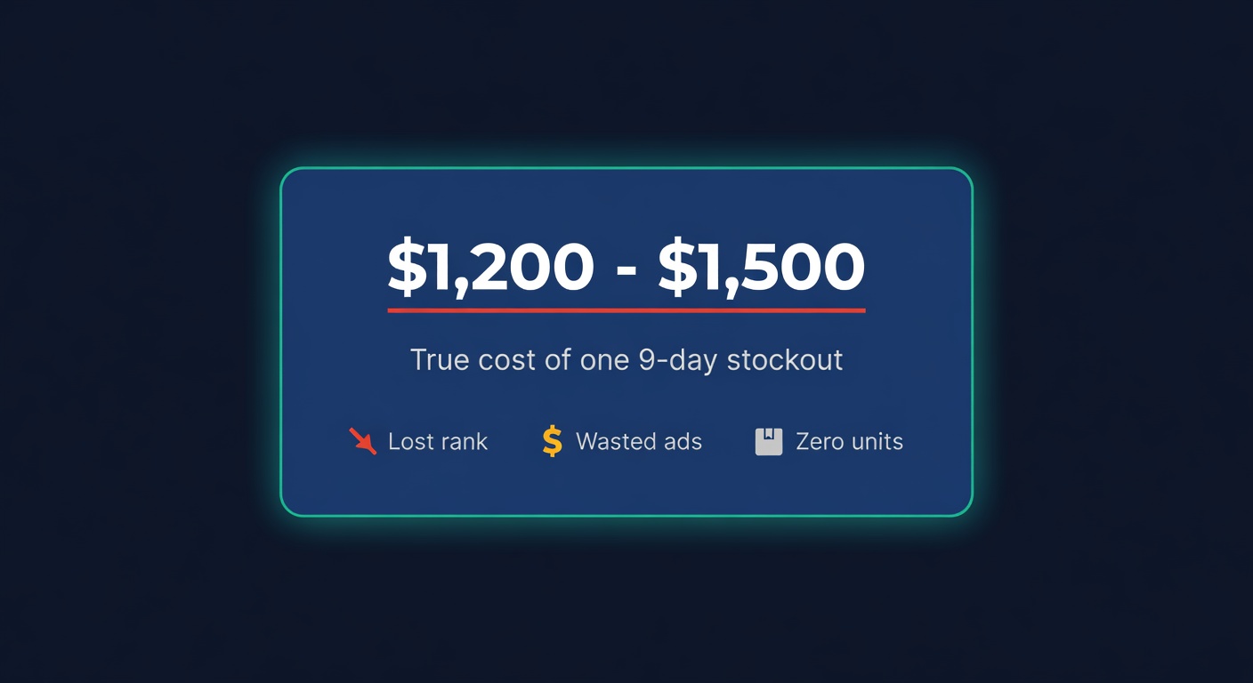 True cost of a single 9-day stockout: $1,200 to $1,500 including lost rank and wasted ad spend
