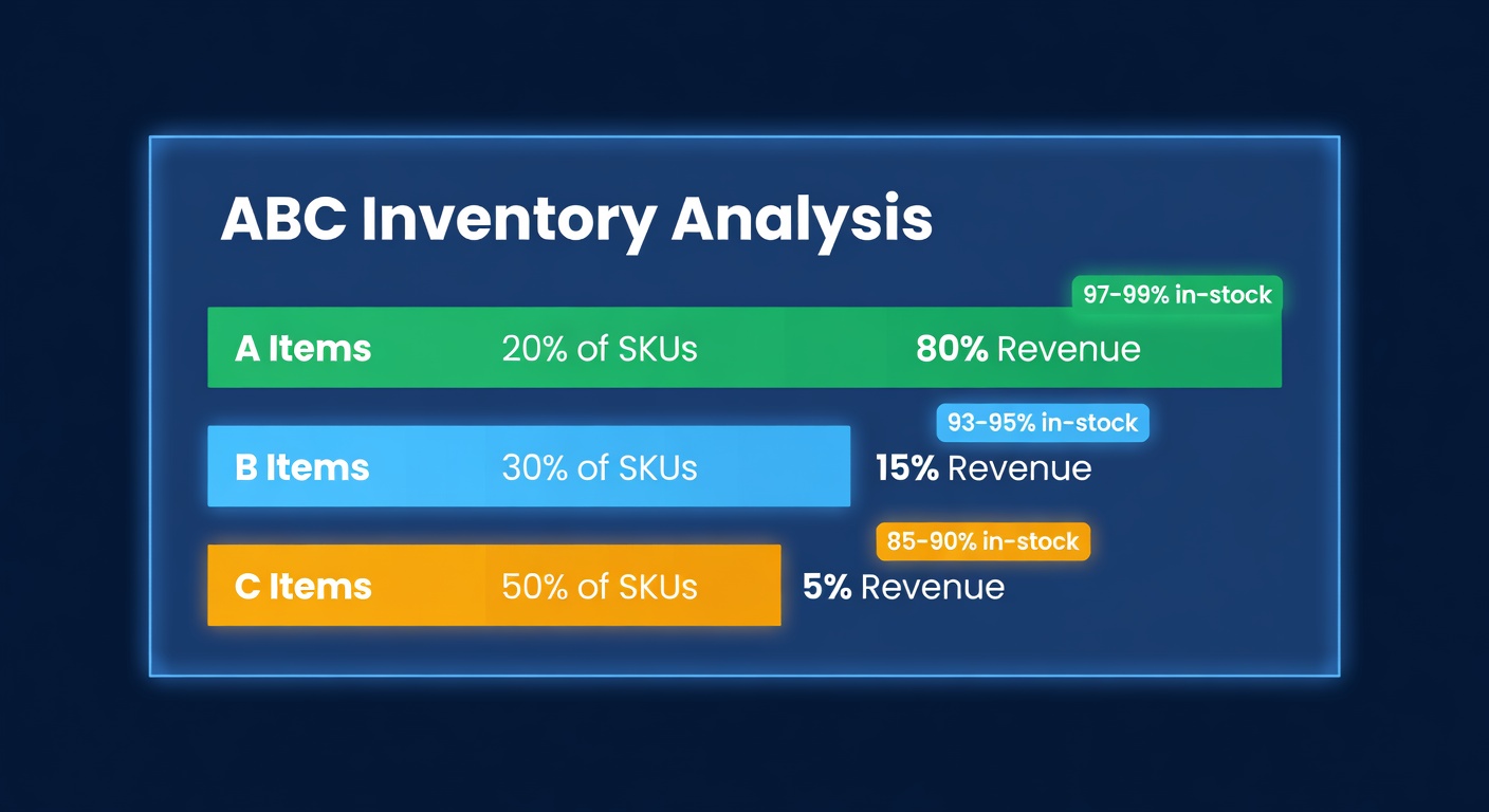 ABC analysis tiers: A items get 97-99% in-stock targets, B items 93-95%, C items 85-90%