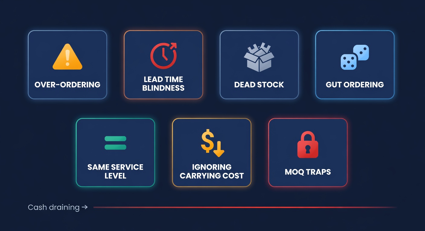 Seven inventory mistakes that drain cash: over-ordering, lead time blindness, dead stock, gut ordering, same service level for all SKUs, ignoring carrying cost, and MOQ traps