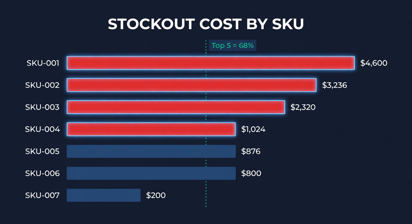 Bar chart showing stockout cost by SKU ranked from highest to lowest with the top 5 highlighted