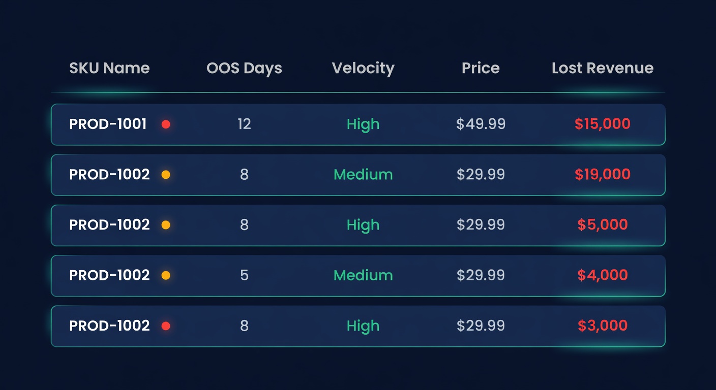 Table showing five SKUs with their out-of-stock days, daily velocity, and calculated lost revenue sorted by dollar impact